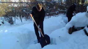 волонтеры помогли участнице ВОВ Черкасовой Маргарите Ивановне в расчистке двора от снега.
